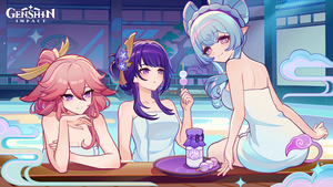 Genshin Impact, Hot Spring, Yae Miko, Raiden Shogun, Sangonomiya Kokomi, 4K wallpaper