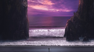 Surreal, Beach, Waves, Alone, Surfer, Dream, Purple sky, Evening, Seascape, 4K wallpaper