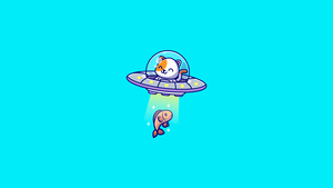 Cute Cat, UFO, Fish, Spaceship, Aqua blue, Aqua background, Minimalist, Simple, 4K wallpaper