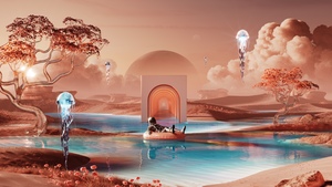 Relaxing, Astronaut, Vacation, Dreamlike, Surrealism, Landscape, Futuristic, Portal, Ethereal, Exploration, Celestial, Dystopian, Digital Art, 4K wallpaper