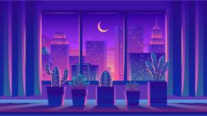 Room, Cityscape, Plants, Crescent Moon, Skyscrapers, Buildings, Neon, Pink, Purple, 4K wallpaper