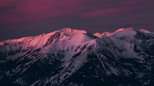 Mountains, Pink sky, Twilight, Sunset, Dusk, Snow covered, Evening, 4K wallpaper