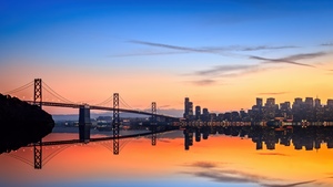 San Francisco-Oakland Bay Bridge, Sunset, Bay Bridge, Cityscape, Reflections, Golden hour, Urban, Skyline, Metropolis, Urban, 4K wallpaper