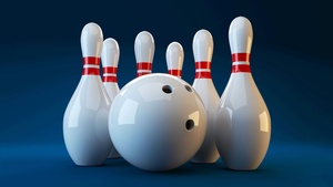 White, Bowling pins, Blue background, Bowling ball, 4K wallpaper