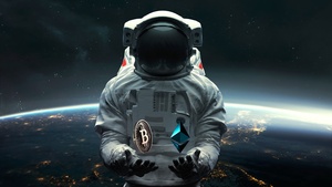 Astronaut, Bitcoin, Cryptocurrency, Planet Earth, Outer space, Space suit, 4K wallpaper
