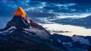 Matterhorn, Alpenglow, Switzerland, Alps mountains, Cloudy Sky, Landscape, 4K wallpaper