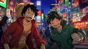 Monkey D. Luffy, Izuku Midoriya, My Hero Academia, One Piece, Laughing, 4K wallpaper