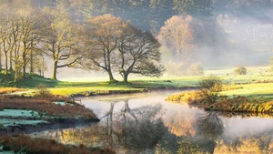 Fall, Landscape, Scenery, Foggy, Morning, Reflections, 4K wallpaper