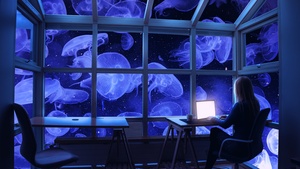 Jellyfishes, WFH, Aesthetic, Underwater, Woman, Working, Work from Home, Window, Laptop, Surreal, Desk, 3D background, Ocean, 4K wallpaper