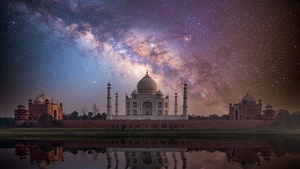 Taj Mahal, UNESCO World Heritage Site, Agra, India, Starry sky, Milky Way, Reflection, Evening sky, 4K wallpaper