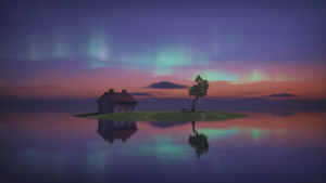 Island, Sunset, Twilight, Aurora Borealis, House, Lone tree, Evening sky, Reflections, Lake, Body of Water, 4K wallpaper