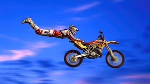 Motocross, Stunt, Blue Sky, Suzuki RM, 4K wallpaper